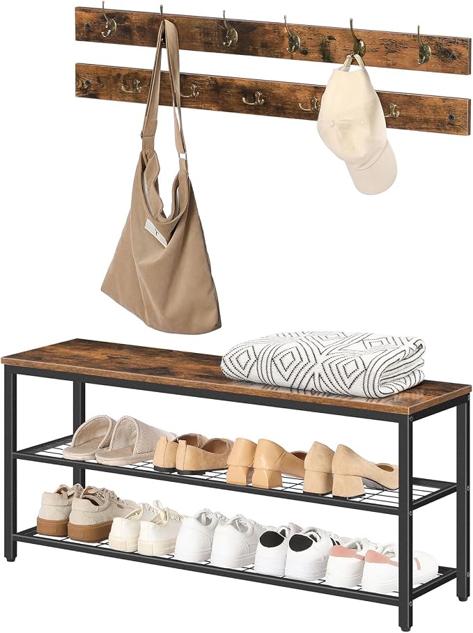 HOOBRO Hall Tree with Bench, Coat Rack Shoe Bench Set, Entryway Shoe Rack with Coat Hooks, Hall Tree, 39.4" L x 11.8" W x 18.1" H, Industrial, for Front Door, Rustic Brown BF071MT01G1 - Image 9