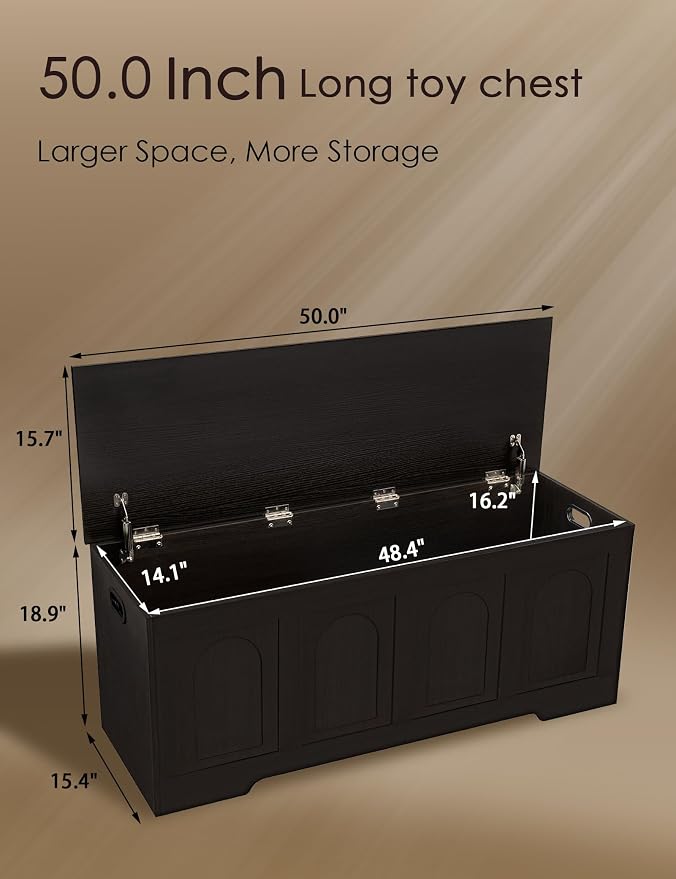 DINZI LVJ Storage Chest, 50” Extra Large Storage Bench with 2 Safety Hinges, Wooden Toy Box with Flip-Top, Large Trunk for Living Room, Playroom, Easy Assembly, Espresso - Image 3