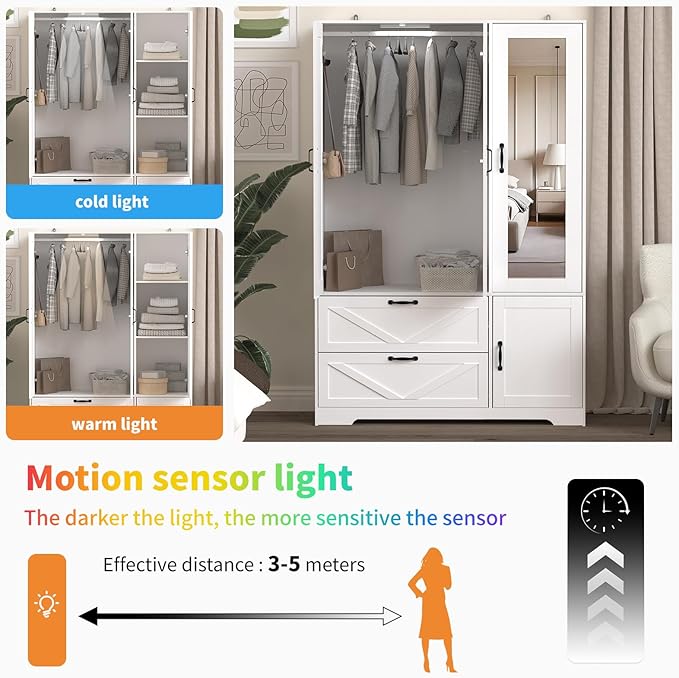 Armoire Wardrobe Closet, 72'' Wardrobe Cabinet with 2 Drawers & Mirror, 3 Doors Bedroom Clothes Closet with Hanging Rod & Built-in Light, Wooden Wardrobe Cabinet with Adjustable Shelf for Bedroom