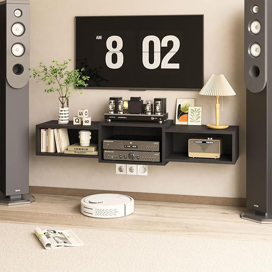 IBUYKE Floating TV Stand Wall Mounted with Power Outlet,Modern Wood Wall Mounted Media Console Shelf,Floating Entertainment Center for Under TV Storage for Living Room Bedroom Office,Black WST001B- by IBUYKE