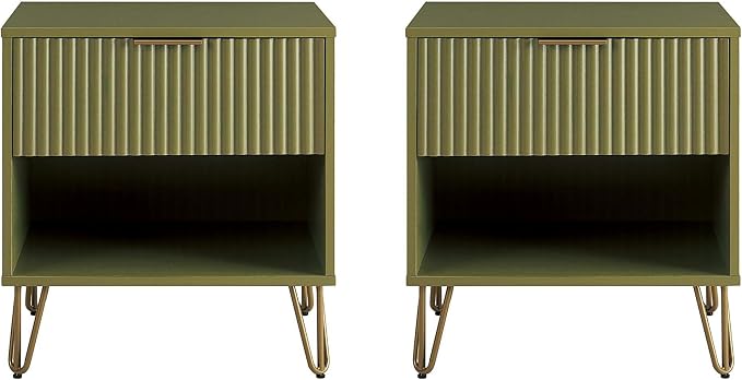 Manhattan Comfort Dumbo Modern Nightstand 1.0 with 1 Drawer and Metal Feet | Splayed Gold Legs | Vertical Ribbed Design | No Tool Assembly Storage for Bedroom & Living Room, Set of 2, Olive Green by ManhattanComfort