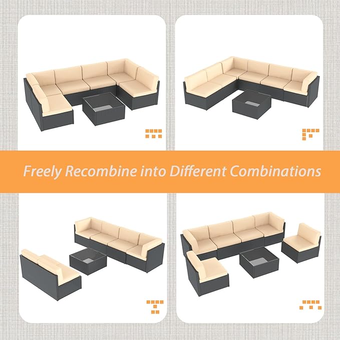 AECOJOY 7 Piece Outdoor Patio Furniture Set, Outdoor Sectional Conversation Furniture Chair with Coffee Table,Patio Sectional for Garden,Backyard(Khaki Cushions and Black PE Rattan)