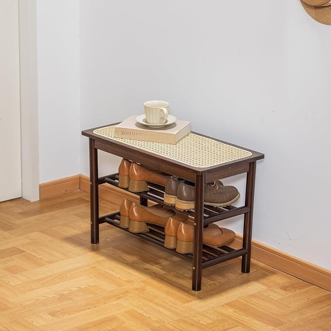 Bamboo Entryway Bench with Woven Rattan Seat, 2-Tier Shoe Storage Bench for Hallway & Entryway, 23.62 inches Walnut - Image 6