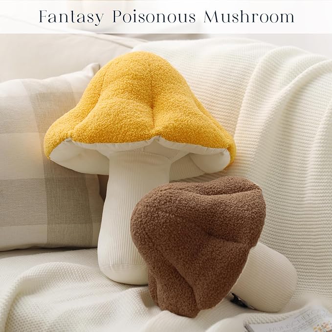 Phantoscope Mushroom Shaped Throw Pillow, Teddy Fleece Soft Mushroom Decorative Pillows Cute 3D Shaped Cushion for Couch Sofa Bed Chair, Yellow,16 x 14 inches