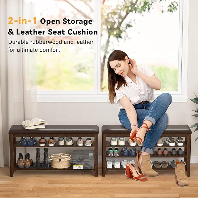 Entryway Shoe Storage Bench with Leather Cushion, Shoe Organizer Bench for Entryway, Ideal for Hallways Front Doors Entrances Mudrooms Featuring Rubberwood And 3 Height-Adjustable and Removable Shelve - Image 3