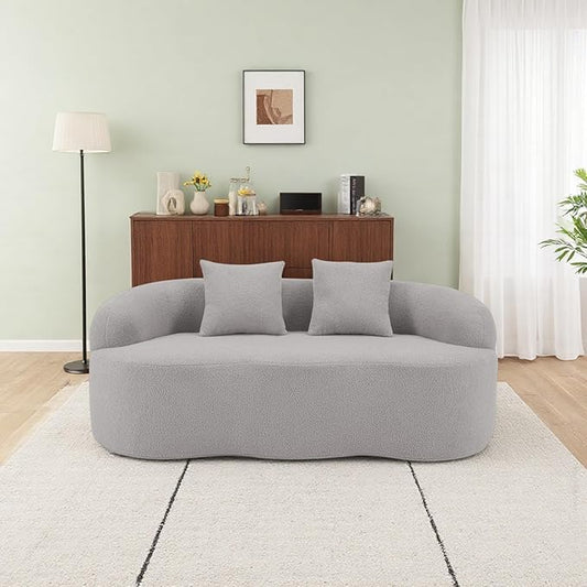 Curved Compression Sofa, Modern Loveseat Couch with Rounded Armrests & 2 Coordinating Pillows, 67'' Polyester 2 Seater Sofa for Small Living Room, Bedroom and Offices, No Assembly, Grey