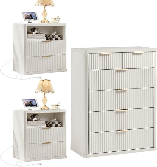 LEYAOYAO 42" Tall Fluted Dresser and 2 Drawers 23" Nightstand Set of 2,Wooden Dresser & Night Stand with Charging Station,3 Piece Bedroom Furniture Set,Chest of Drawer for Living Room,Antique White