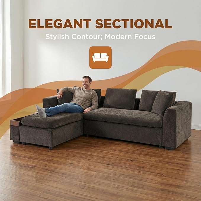 93.7" L-Shaped Sectional Sofa with Storage Chaise, Modern Couch for Living Room, Chenille Upholstered Couch with Deep Seats & Throw Pillows, Modern Corner Sofa for Living Room, Gray