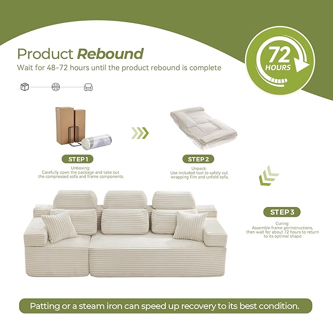 101" 3 Seater Sofa Cloud Modular Sectional Sofa with Chaise & Headrest, Boneless Deep Seat Plush Corduroy Couches for Living Room, No Assembly Required (White, 101" 3 Seater)