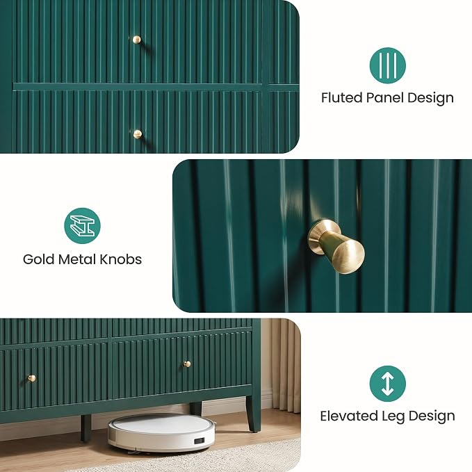 RoyalCraft 6 Drawer Dresser, Fluted Modern Wood Chest of Drawers, Long Dresser for Bedroom TV Stand Storage Cabinet for Living Room, Green - Image 5