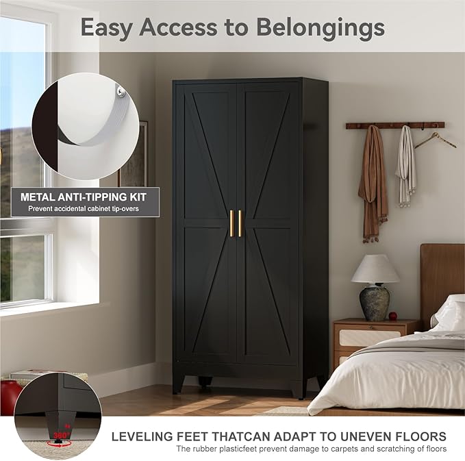 COFaR Metal Wardrobe Cabinet, 71" Farmhouse Storage Cabinet with Hanging Rod, 2 Barn Door, 2 Adjustable Shelves and Legs, for Bedroom, Laundry Room, Cloak Room, Gym, Office, School (Black)