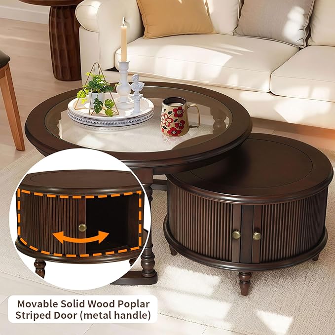 LKTART Nesting Coffee Table for Living Room,Round Tempered Glass Solid Wood Nest Coffee Tables with Storage,Retro Small Accent Center Table for Small Space Apartment (31.5''D×18''H-Dark Brown)