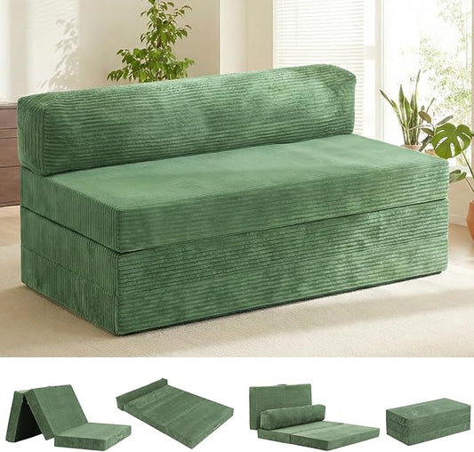 5-in-1 Convertible Sofa Bed, Boneless Loveseat Sleeper with Removable Cushions & Washable Cover, Futon Sofa Bed with Handle, Pull Out Couch for Small Spaces, Queen Size, Green