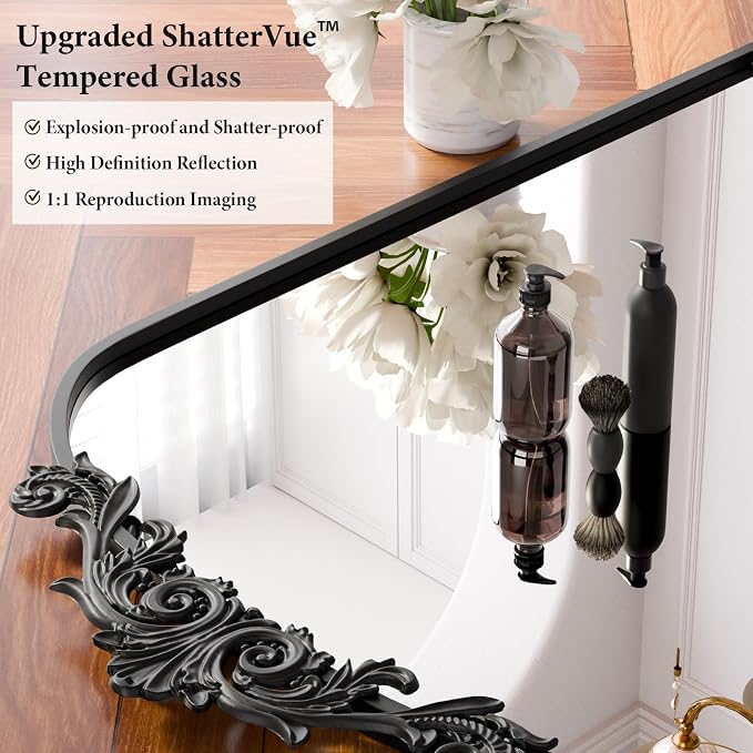 Koonmi Vintage Mirror, 24x36 Antique Barolon Bathroom Mirror for Wall,Flower Head, Shatter-Proof Tempered Glass, Arched Ornate Mirrors for Bedroom Bathroom Entryway Fireplace Hallway - Image 2