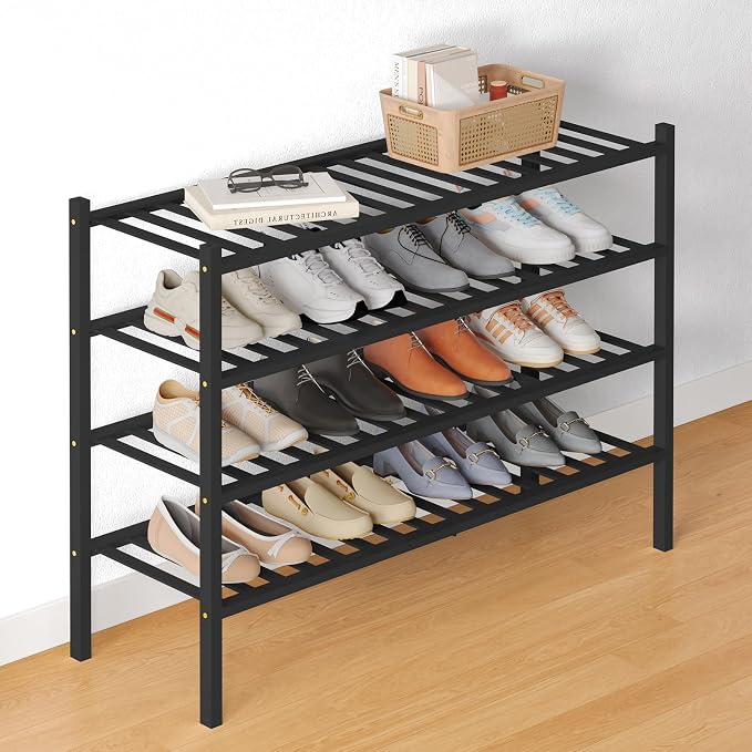 Smiry Bamboo Shoe Rack for Closet, 4 Tier Long Wooden Stackable Shoe Organizer, Free Standing Shoes Storage Shelf for Entryway, Front Door Entrance, Black by Smiry