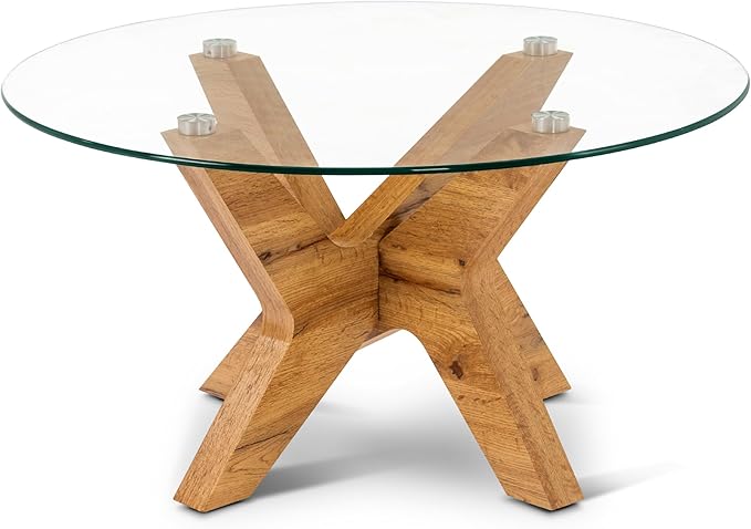 ivinta Round Glass Coffee Table, 31.5" Modern Center Table with Tempered Glass and MDF Legs for Living Room, Office, Tree (Natural Wood)
