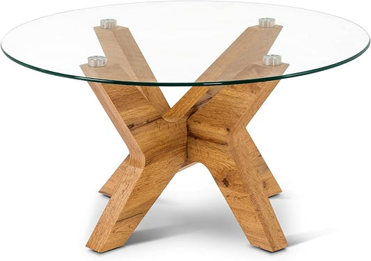 ivinta Round Glass Coffee Table, 31.5" Modern Center Table with Tempered Glass and MDF Legs for Living Room, Office, Tree (Natural Wood)