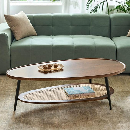 AGV LIGHTING Oval Coffee Table with Storage Shelf, 47" Mid Century Modern Coffee Table for Living Room, Walnut Wood Finish MDF Top with Rattan Shelf