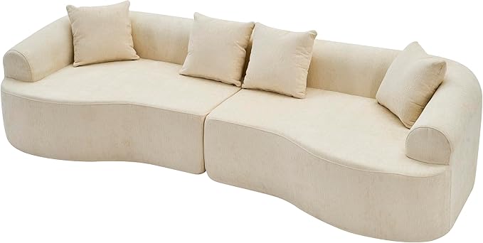 Curved Boneless Sofa Couches 4-Seat Tight Backrest Couch for Living Room Bedroom, Boneless Cloud Sofa with 4 Pillows, Floor Sofa in A Box No Assembly Required