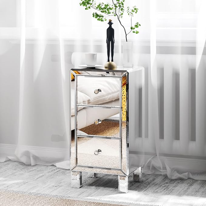 Bonnlo 3-Drawer Mirrored Nightstand End Table Bedside Table for Bedroom, Living Room, Silver, 11.7" L x 11.8" W x 23.8" H by Bonnlo