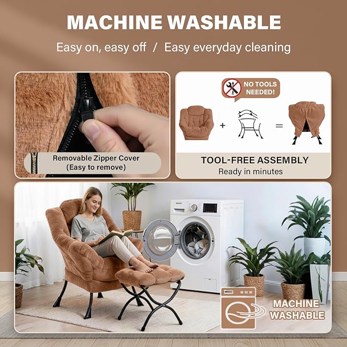 Cozy Lazy Chair and Ottoman, Large Contemporary Plush Brown Accent Chair Set, Modern Leisure Upholstered Reading Armchair for Bedroom, Living Room, Dorm Rooms, Office, Balcony