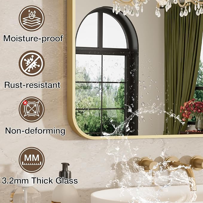 20x30 Inch Bathroom Mirrors for Over Sink, Brushed Gold Rectangle Mirror for Bathroom or Entryway, Wall Mounted Vanity Mirror with Aluminum Alloy Frame & Tempered Glass, Hangs Horizontally/Vertically - Image 7
