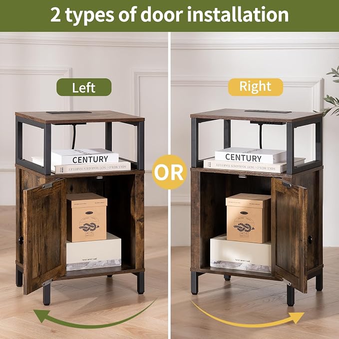 Yoobure Farmhouse NightStand with Charging Station，Wood Night Stand End Table with USB Ports, LED Bed Side Table with Storage Cabinet，Bedside Table for Bedroom, Living Room Rustic Brown - Image 8