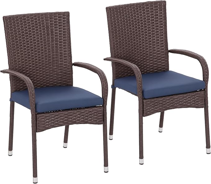 Outsunny Stackable PE Rattan Outdoor Dining Chairs with Cushions, Set of 2 Wicker Kitchen Chairs with Armrests and Backrest for Patio, Deck, Blue by Outsunny