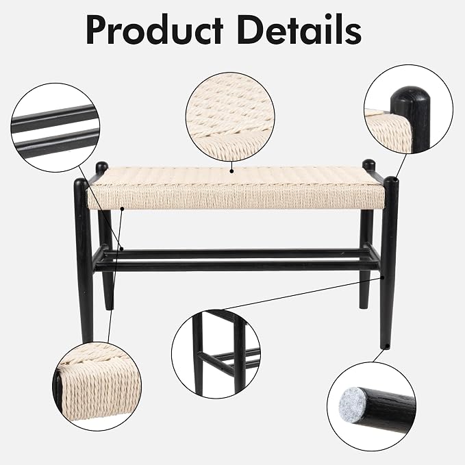 Solid Wood Entryway Bench with Shoe Storage, Rustic Oak Wood and Woven Design 31.5 Inch Long Seating for Living and Dining Rooms,Black - Image 5
