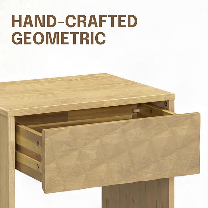 NTC Sapa Solid Wood Nightstand with 3D Carved Drawer Front – Modern Bedside Table with Open Shelf, Easy Assembled - Sand - Image 5