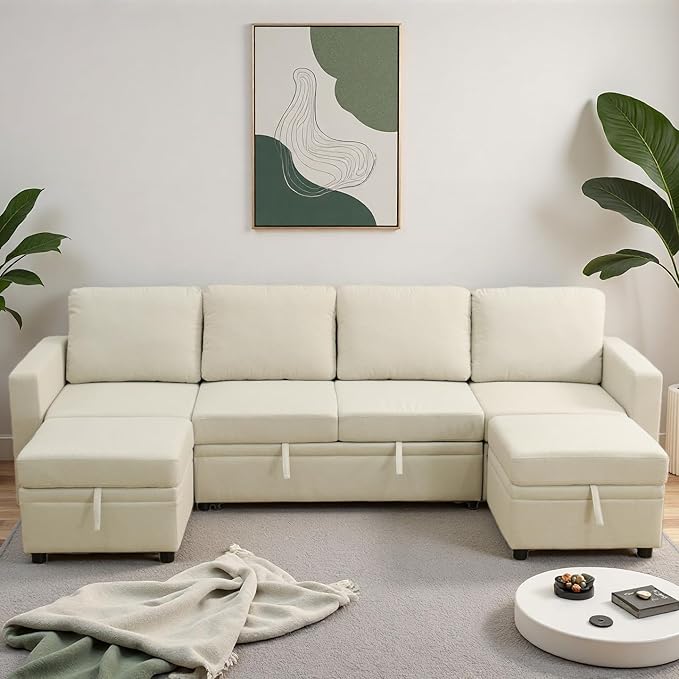 102 Inch Pull Out Couch, Convertible Sofa Bed for Living Room, Comfortable Sleeper Sofa with Pull Out Bed, Modern Sectional Couches with Ottoman Storage, Easy Assembly for Apartment, Off-White