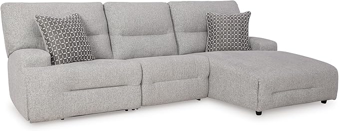 Signature Design by Ashley Acklen Place Stain Resistant Modern L-Shaped Right-Arm Facing 3-Piece Power Reclining Sectional with Adjustable Headrest, USB Ports and 2 Accent Pillows, Light Gray