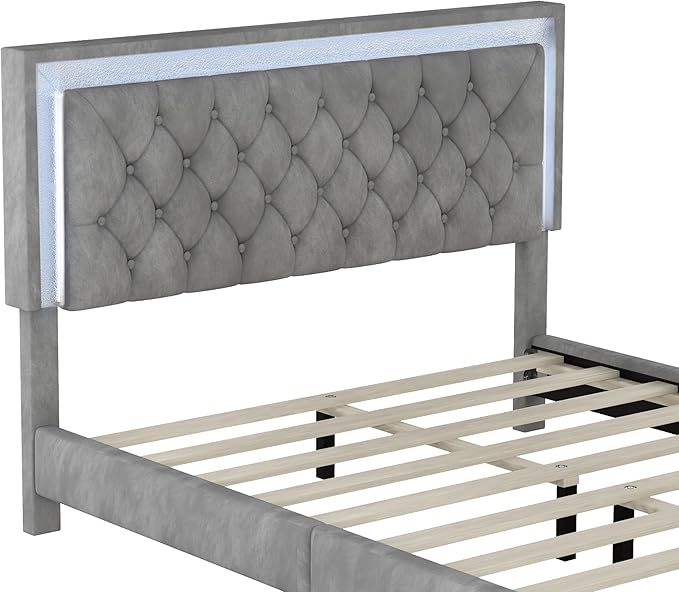3-Pieces Bedroom Sets, Harper & Bright Designs Queen Size LED Velvet Platform Bed Frame with LED Lights & Tufted Headboard, Wood Slat Support, No Box Spring Needed, Easy Assembly (Grey)
