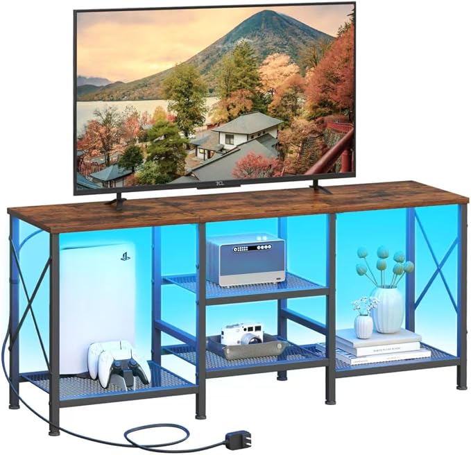 JARHETUN TV Stand with LED Lights for 55 Inch TV, Entertainment Center with 3-Tier Open Shelves, TV Console Table for Living Room, Bedroom, Rustic Brown by JARHETUN