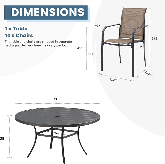 DIFY 11 Pieces Outdoor Patio Dining Set for 10, 60" Black Round Metal Dining Table and 10 Brown Stackable Sling Dining Chairs, Outdoor Table and Chairs for Lawn Garden Backyard Deck - Image 8