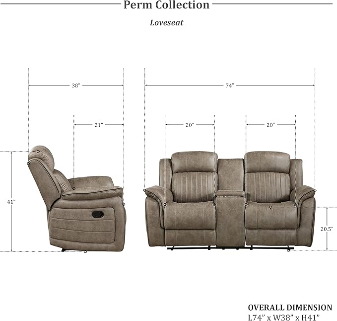 Lexicon Recliner Living Room Set, Home Theater Seating, Manual Polished Microfiber Upholstery Sofas, RV Couch Including Double Recliner Sofa and Loveseat, 2-Piece Set, Sandy Brown