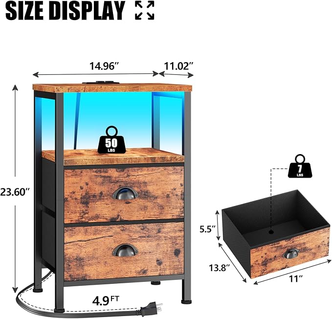 Furologee Nightstand with Charging Station, End Table with LED Lights, Bedside Table with USB Ports & Outlets, Night Stands with 2 Drawers, for Living Room/Bedroom - Image 3