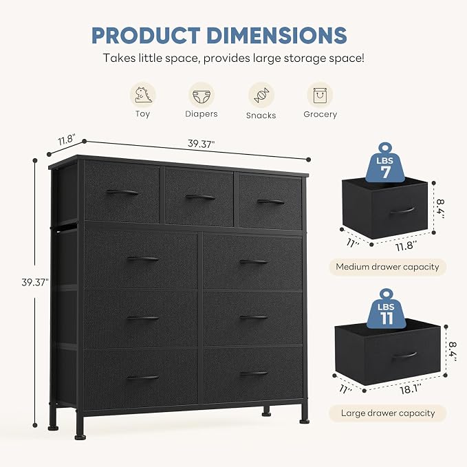 DUMOS 9 Drawer Dresser for Bedroom, Fabric Storage Organizer with Sturdy Metal Frame, Wooden Top Chest of Drawers for Closet Entryway Guest Room,Matte Black - Image 2