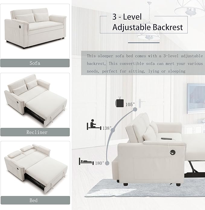 55" Convertible Loveseat Pull Out Sofa Bed for Living Room 3 in 1 Multi-Functional Sleeper Sofa Chaise Lounge Daybed Sofacama w/Adjustable Backrest,USB Ports,Side Pockets