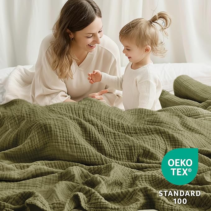100% Cotton Muslin Blanket King 108" x 90", Breathable and Lightweight Cotton Throw Blanket for Bed, Soft Cooling Summer Gauze Blanket for Adults All Season, Olive Green