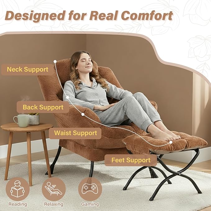 Cozy Lazy Chair and Ottoman, Large Contemporary Plush Brown Accent Chair Set, Modern Leisure Upholstered Reading Armchair for Bedroom, Living Room, Dorm Rooms, Office, Balcony