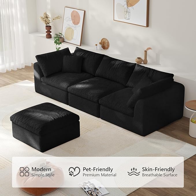 108" Modular Sectional Sofa Boneless Cloud Couch for Living Room, L Shape Deep Seat recliner sofa with Ottoman, Adjustable Backrest & 2 Throw Pillows - Covers Washable, (Black, 3 Seater+1 Ottoman)