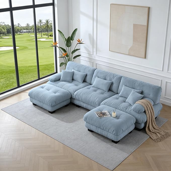 133.8" U-Shaped Cloud Couch, Oversized Modular Sectional Sofa, Deep Seat Cloud Boneless Couch, 3-Seat Modular Sectional Sofa with 2 Ottoman or Living Room,Bedroom and Apartment, Blue