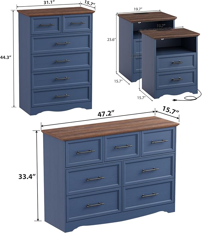 Bedroom Set, 4 Pieces Bedroom Furniture Set, 47" W 7 Drawer Dresser, 44" H 6 Drawer Dresser and Nightstands with Charging Station, Farmhouse Storage Organizer Cabinet for Bedroom, Blue