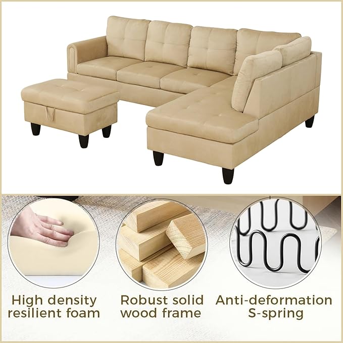 FONTOI Sectional Couch with Otttoman, 97" L Shaped Couch Sectional Sofa for Living Room, Modern Modular Couches with Cup Holders for Bedroom, Apartments, Beige