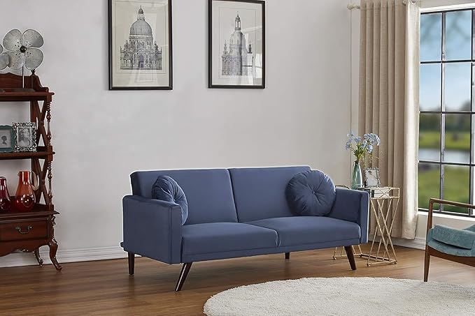72" Retro Velvet Sofa Bed - Vintage Modern Convertible Futon w/Reclining Backrest - Velvet Upholstery on Solid Wood Frame (72" L x 34.6" W x 30.23" H), Dark Blue