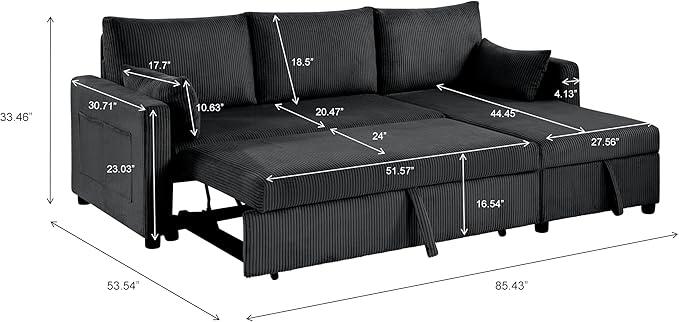 Queen Sleeper Sofa, Convertible Sofa Bed with Storage, 85 Inch Sectional Couch with Pull Out Bed, L Shaped 3 Seat Sectional Sleeper Sofa for Living Room, Apartment, Black