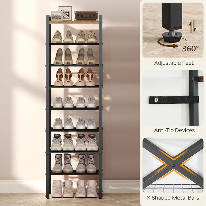 YATINEY 8-Tier Narrow Shoe Rack, Tall Shoe Rack for 8-16 Pairs, Slim Shoe Storage Organizer with Wooden Top, Space Saving, Metal Frame, for Entryway, Rustic Brown and Black SS608BR - Image 7