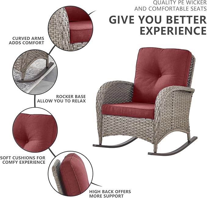 Belord 6 Pieces Wicker Patio Furniture Set with Patio Rocking Chairs, High Back Patio Conversation Set Outdoor Loveseat Glider with Ottoman and Rattan Side Table for Deck Sunroom Backyard