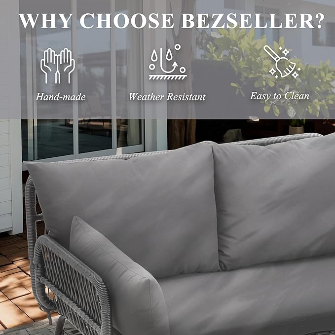 Bezseller 3-Piece Outdoor Patio Furniture Set – L-Shaped Rattan Sectional Sofa with Detachable Lounger, Glass Coffee Table & 4" Cushions – All-Weather PE Wicker for Backyard, Porch, Poolside